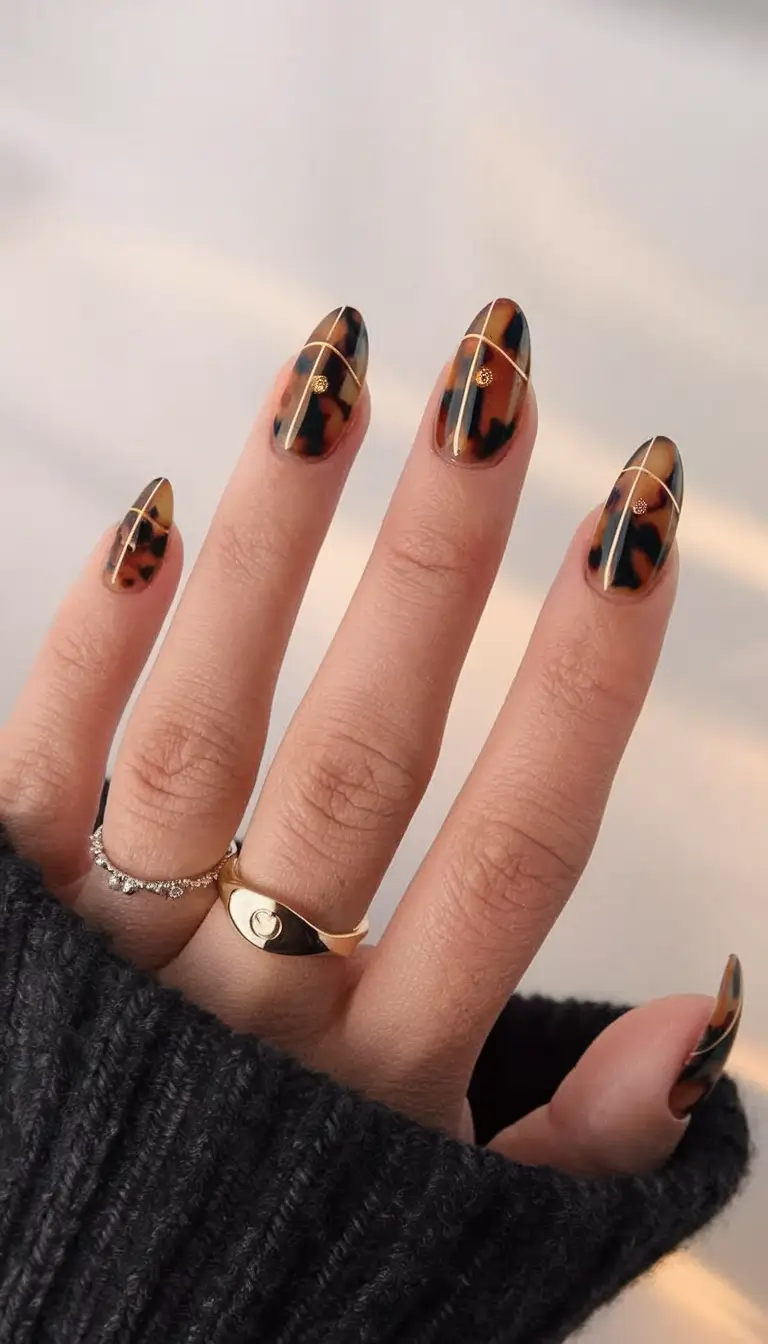 Fall Tortoiseshell Nails Sleek Almond with Minimalist Lines