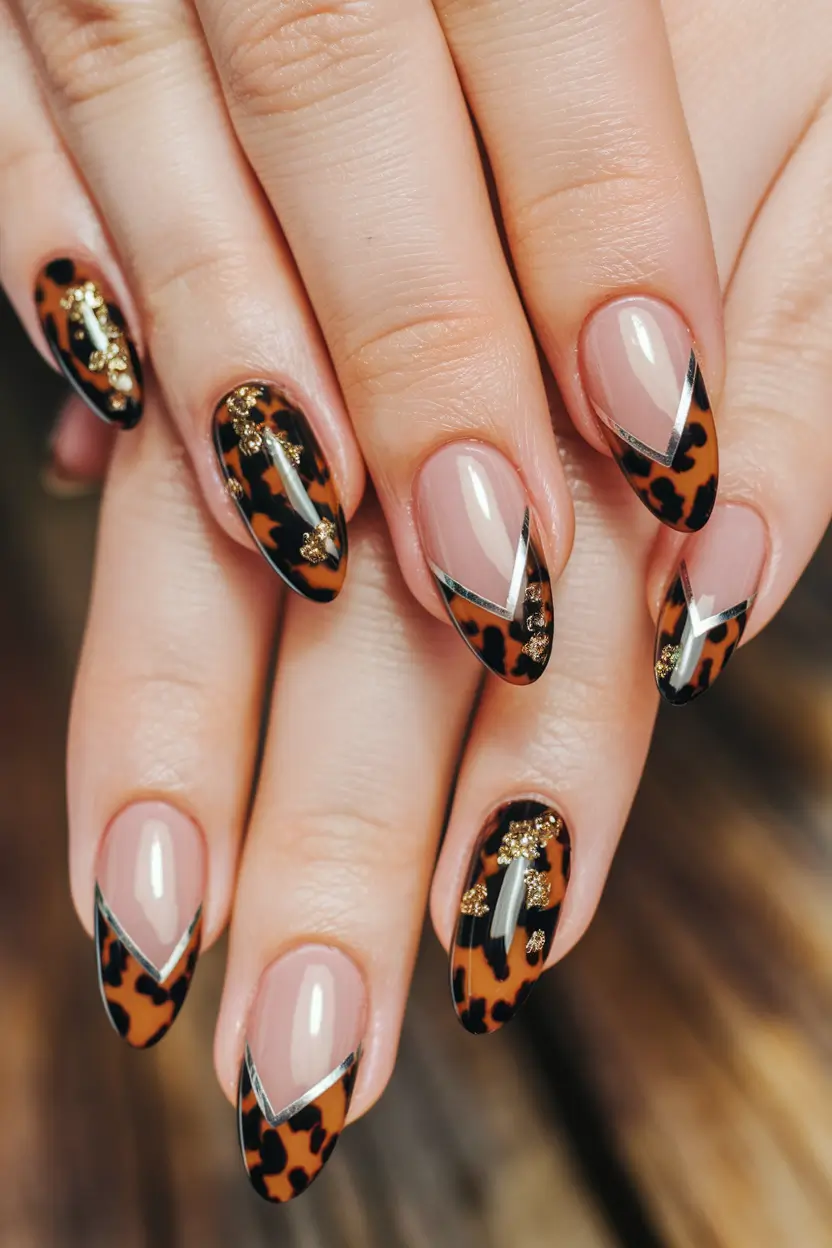 Fall Tortoiseshell Nails French V-Tips with Gold Accents