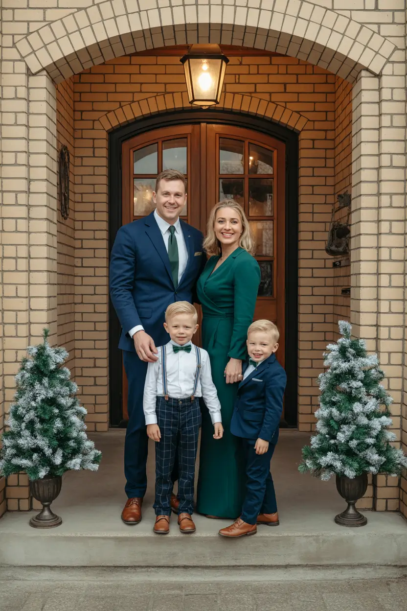 Family photo outfits winter 2025-2026 Classic Elegance in Emerald and Navy