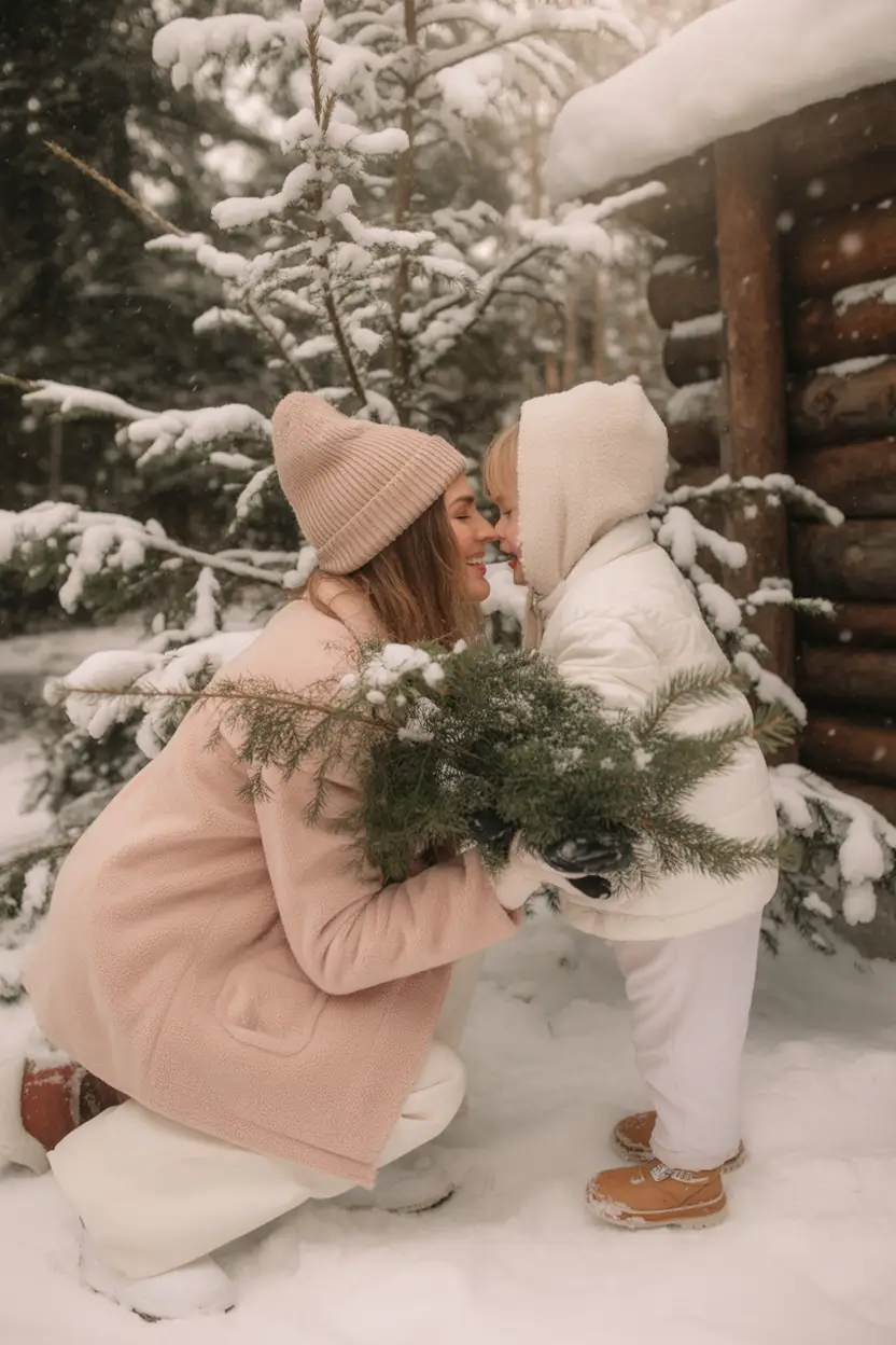Family photo outfits winter 2025-2026 Blush and White Woodland Magic