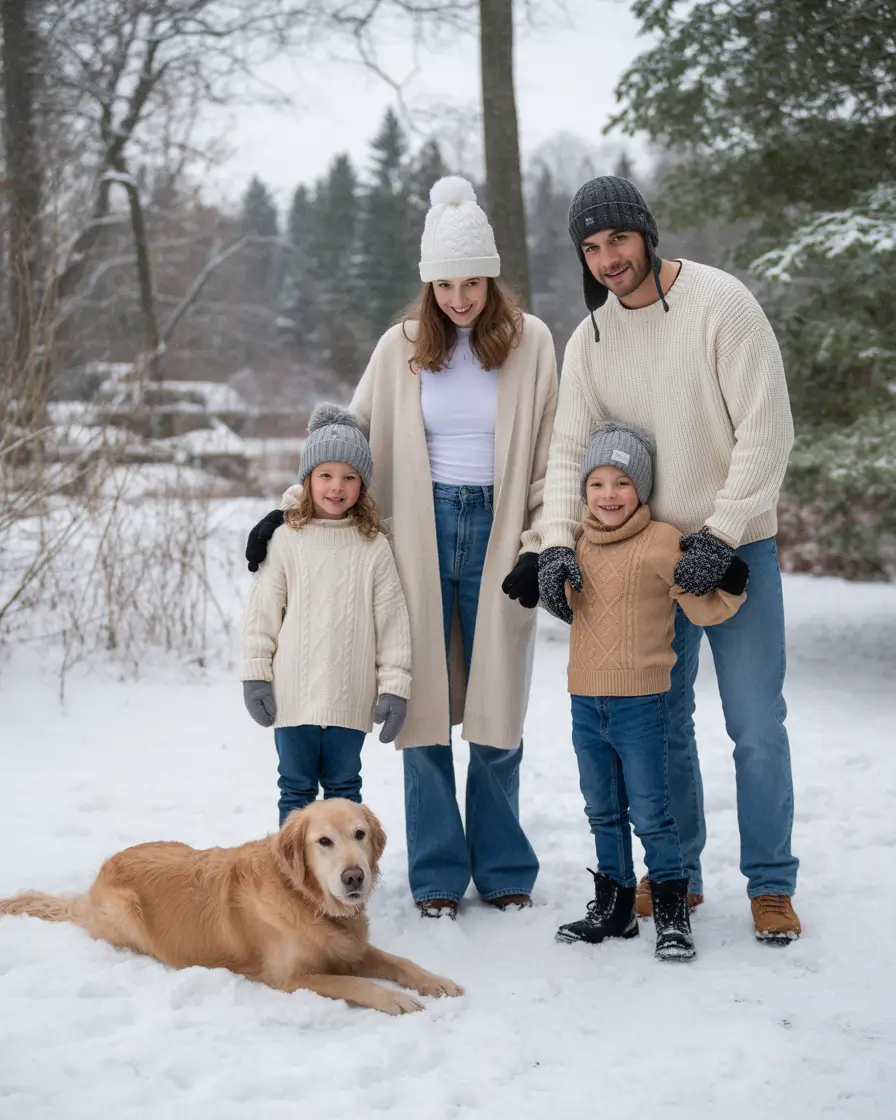 Family photo outfits winter 2025-2026 Cozy Knits with a Family Pup