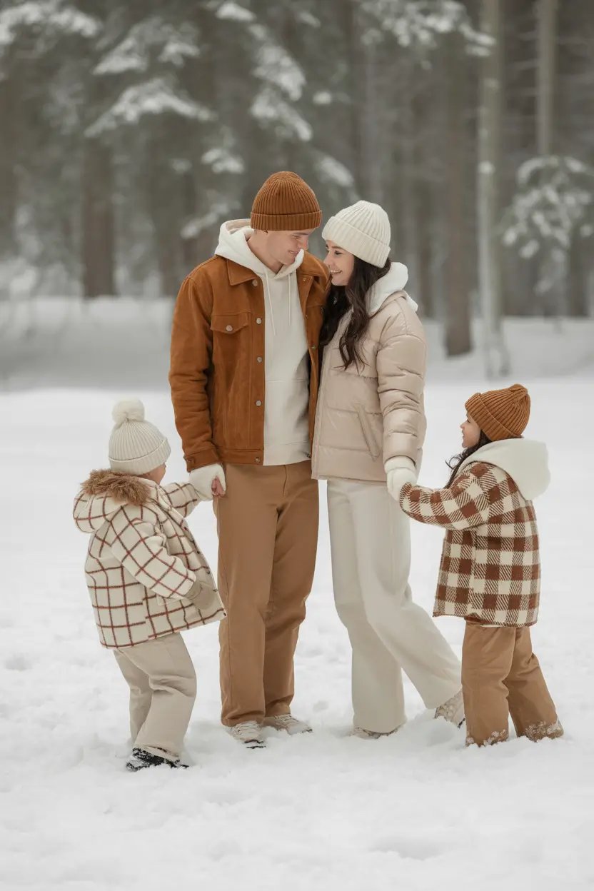 Family photo outfits winter 2025-2026 Warm Browns and Creams Together