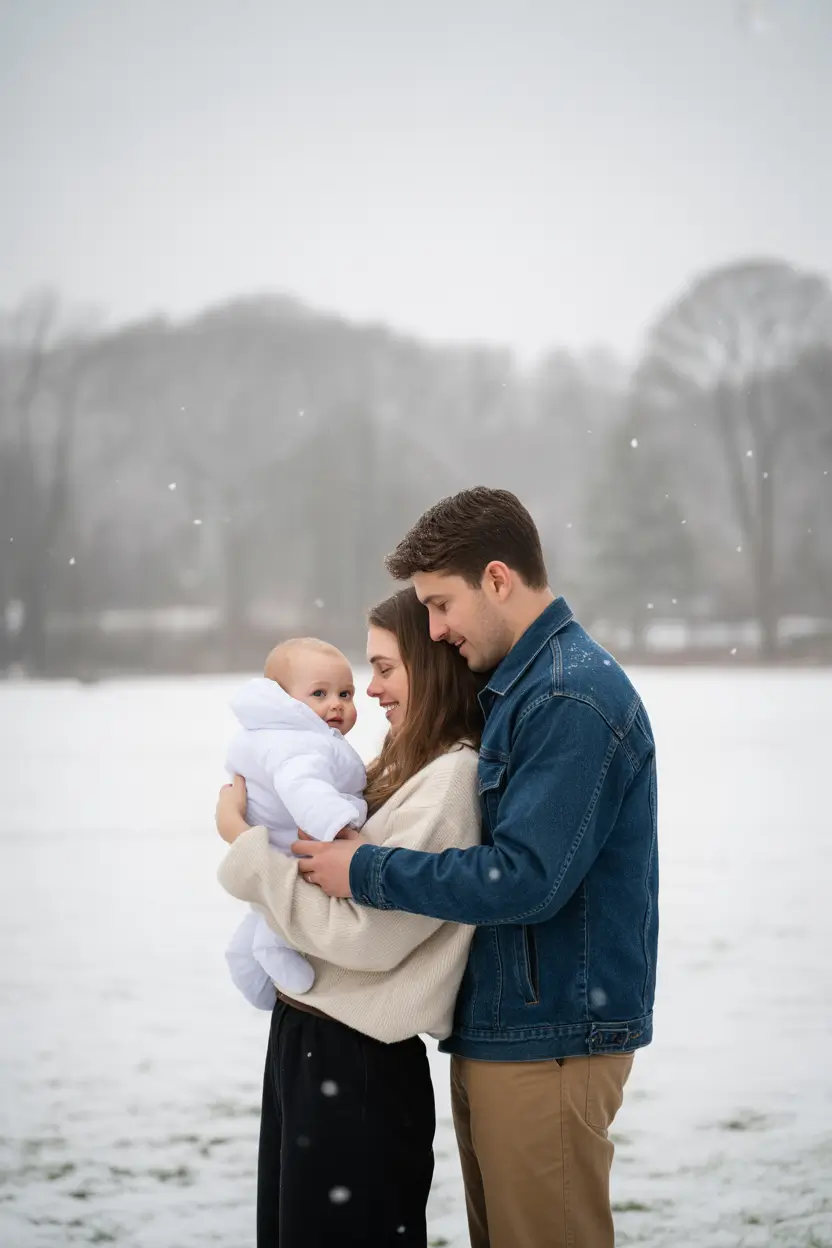 Family photo outfits winter 2025-2026 Soft Neutrals with Denim Contrast