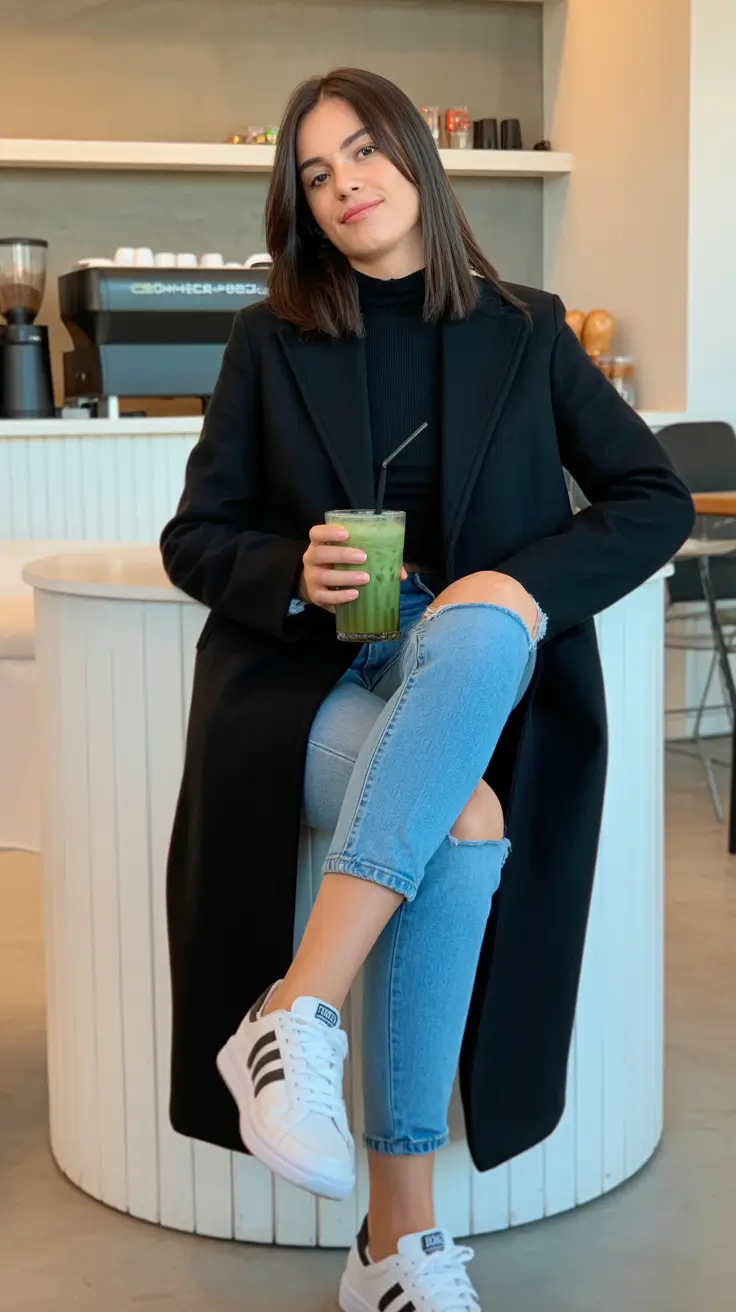 winter capsule wardrobe Black Coat with Denim Ease
