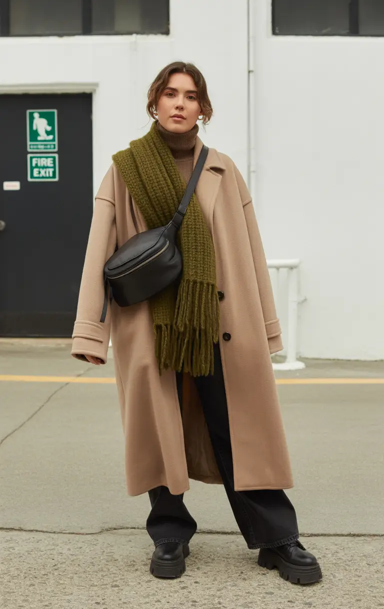winter capsule wardrobe Camel Coat with Olive Scarf
