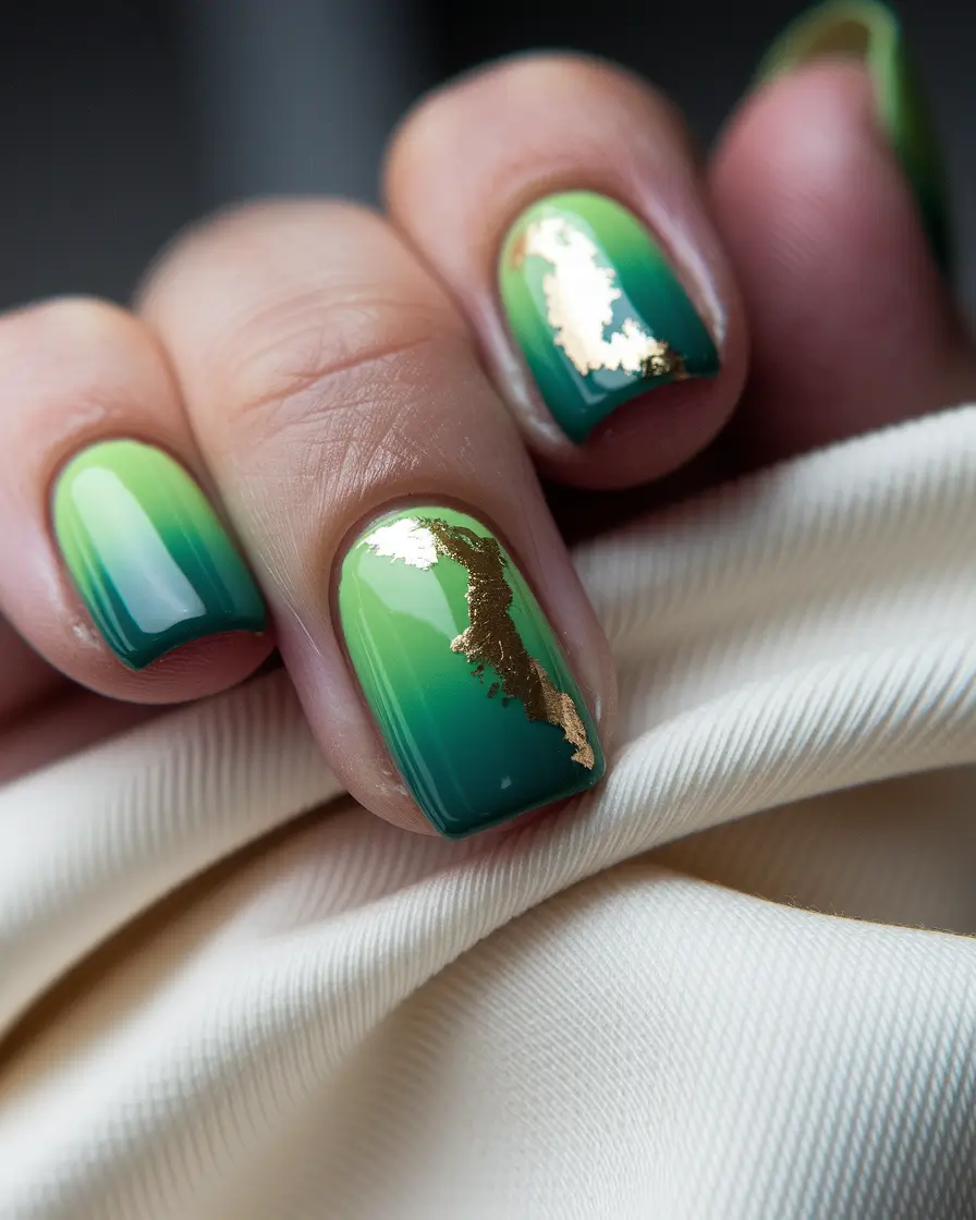 gold fall nails 2025 Green Ombre Glow