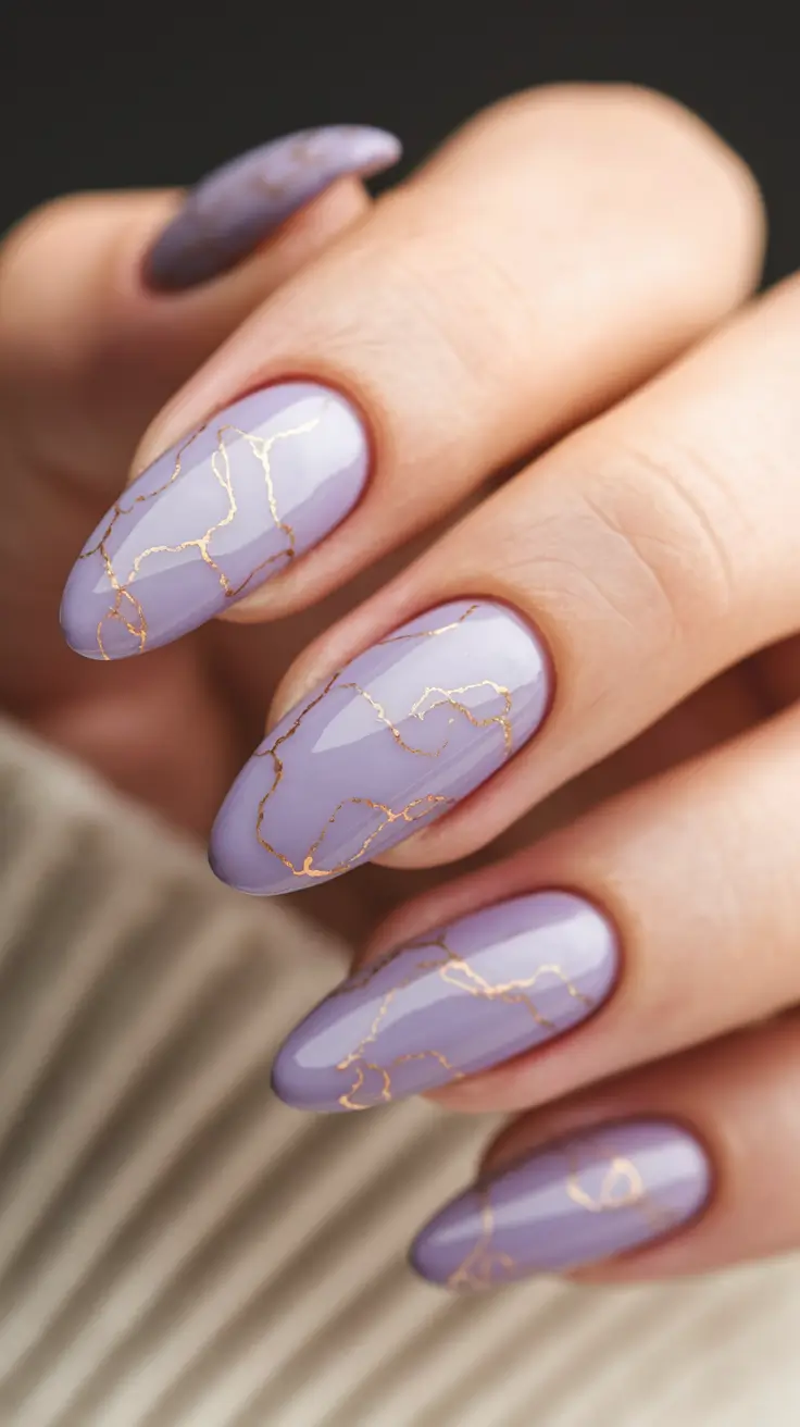 gold fall nails 2025 Lavender Marble Veins