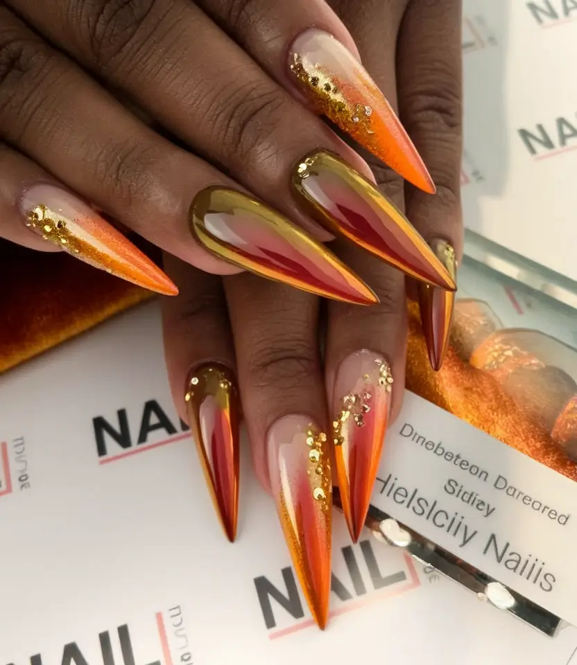 gold fall nails 2025 Fiery Autumn Flames