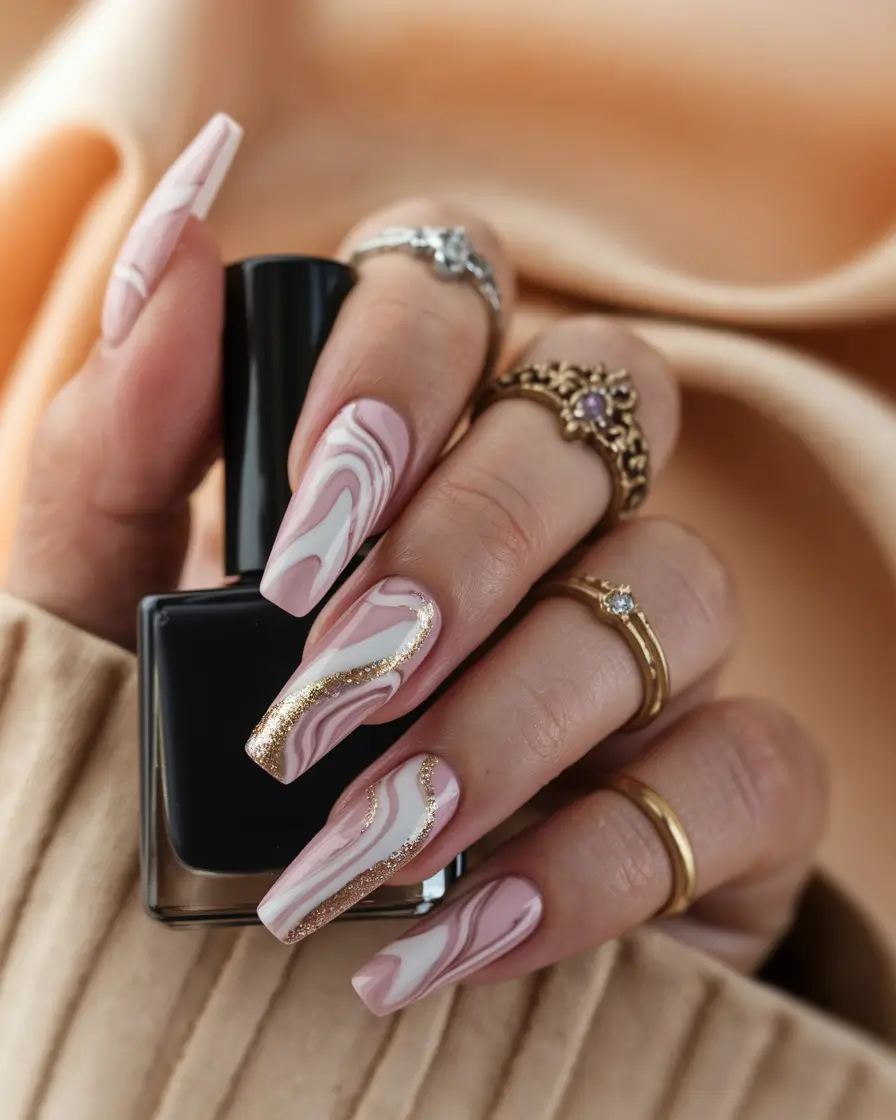 gold fall nails 2025 Swirled Elegance