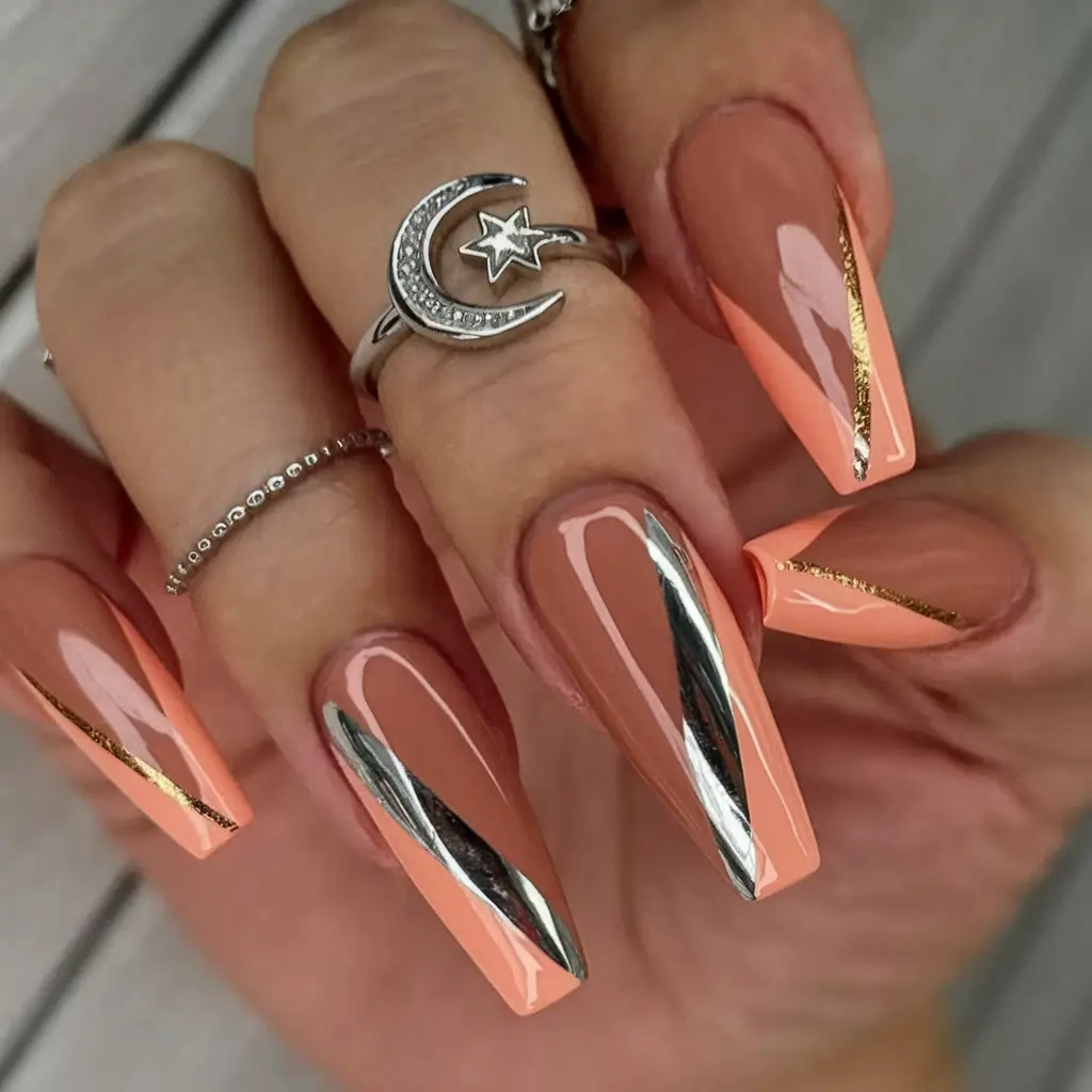 gold fall nails 2025 Peach and Chrome Geometry