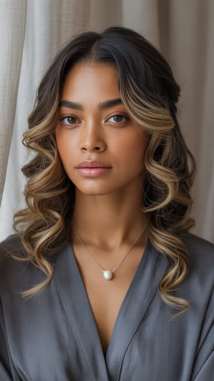 winter hair colors for dark skin black women Soft Caramel Highlights with Defined Curls