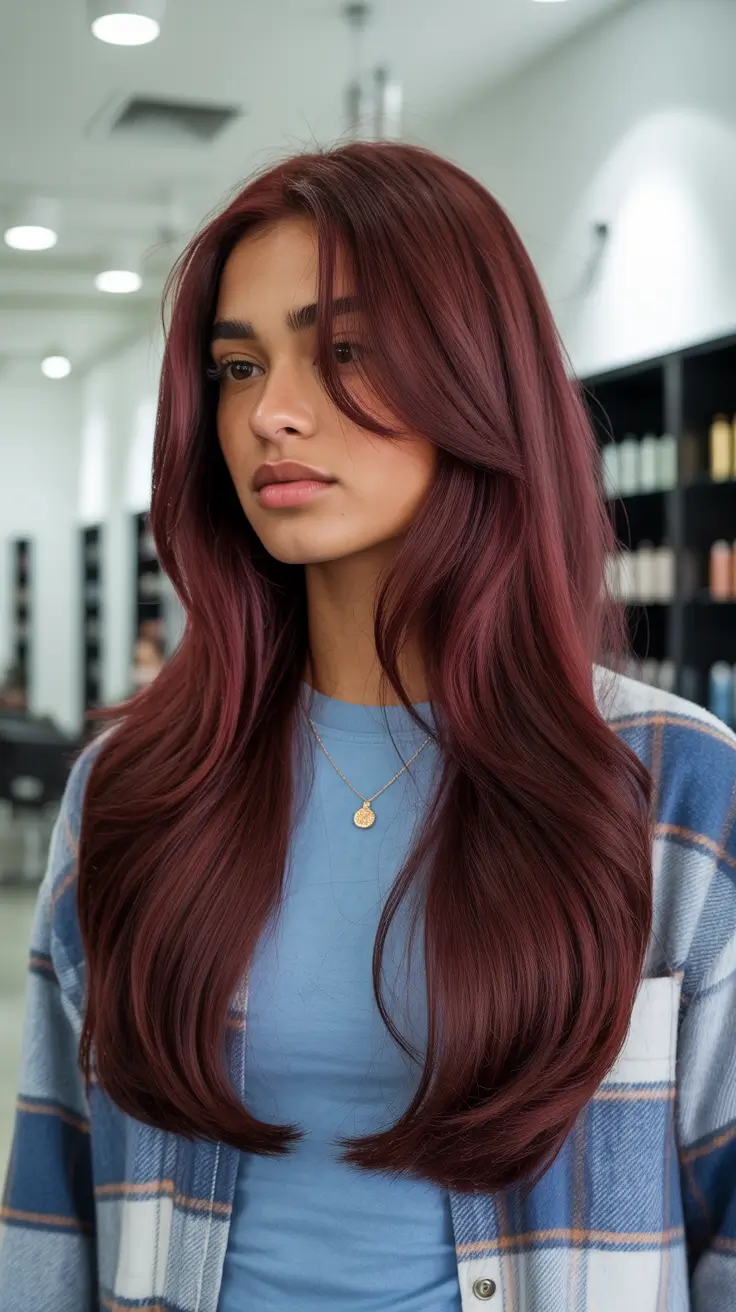 dark winter skin tone hair color Velvet Burgundy Lengths