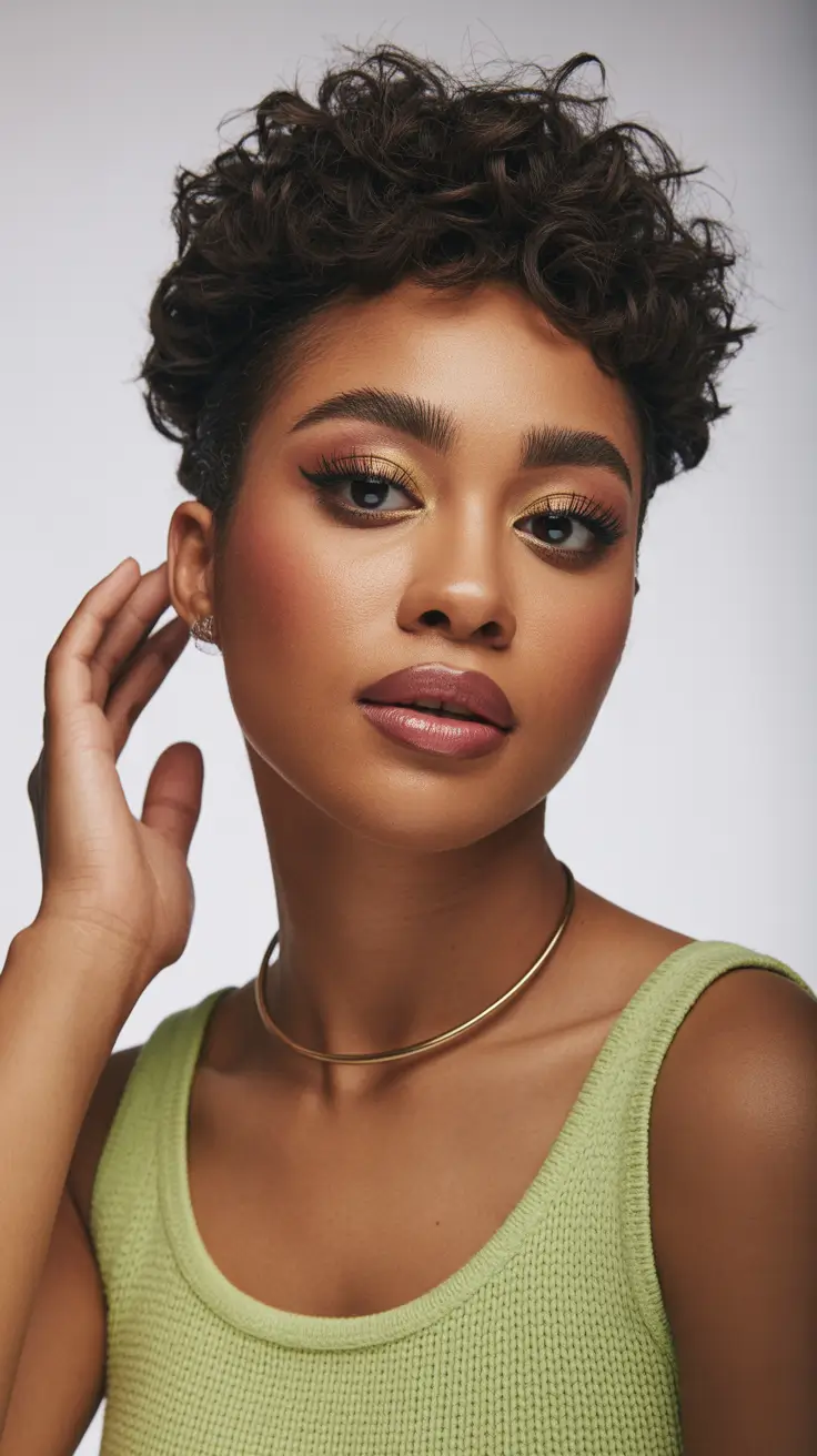 hair color for dark winter skin tone Curly Pixie with Espresso Depth