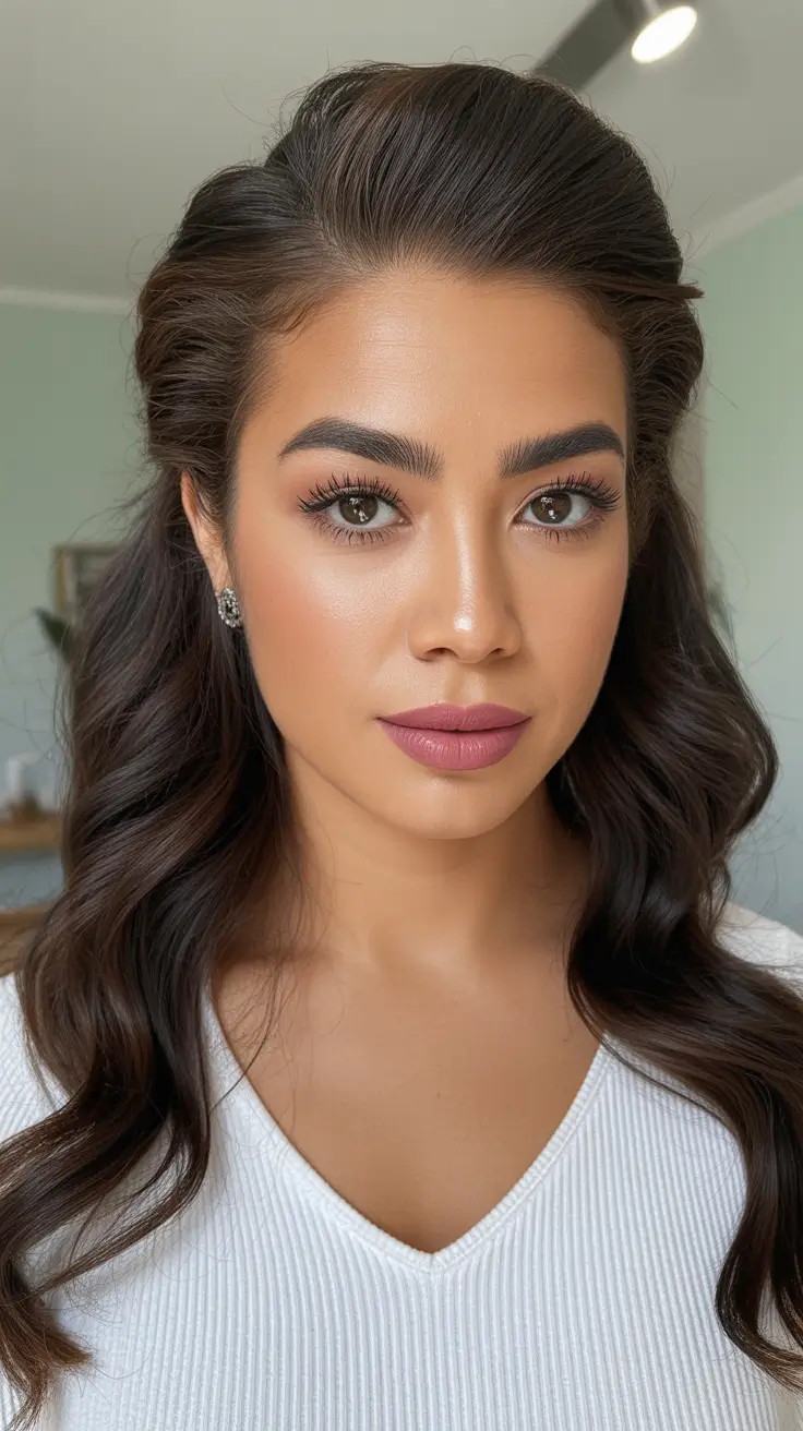 winter hair color on dark skin Polished Brunette Half-Up