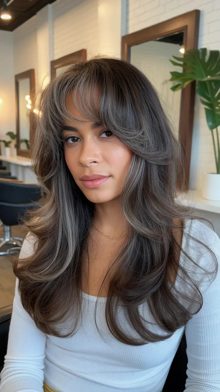 winter hair color ideas dark skin Smoky Ash Brown with Curtain Bangs
