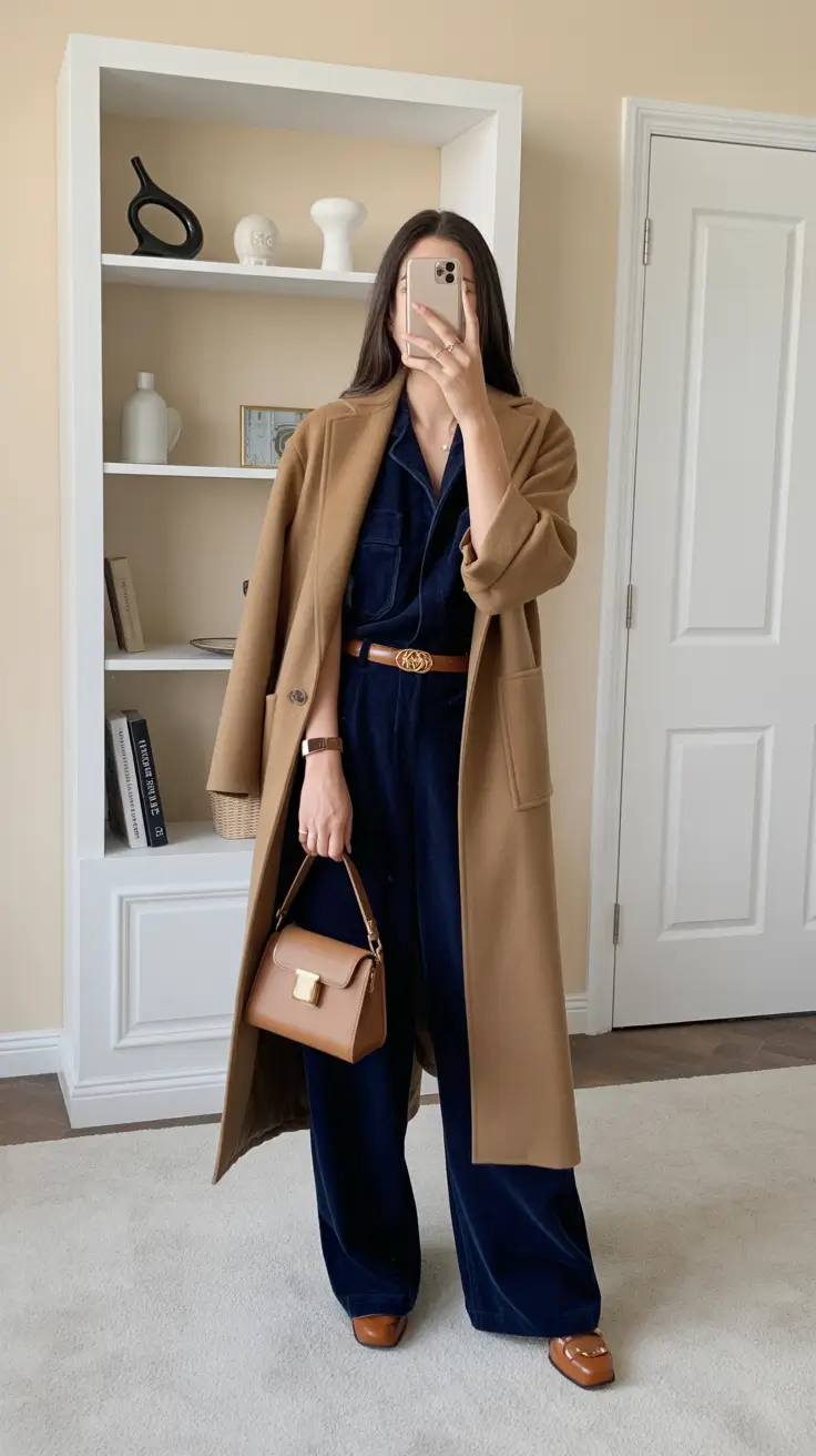 Office Outfit Ideas for Winter 2025-2026 Camel Coat Elegance Meets Navy Depths