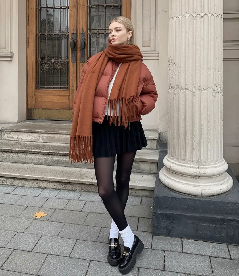 winter outfits 2025 women Rust Tones & Mini Skirt Charm
