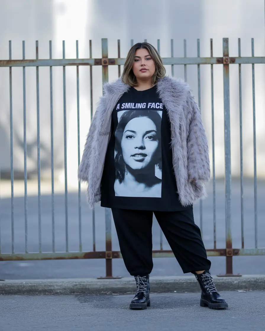 plus size winter outfits cold weather Edgy Graphic Layers With Faux Fur