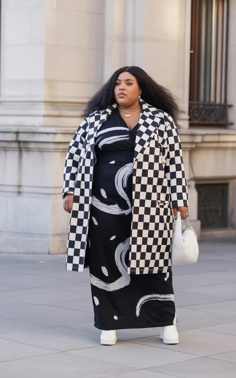 plus size winter outfits cold weather Checkerboard Drama With Artistic Flair