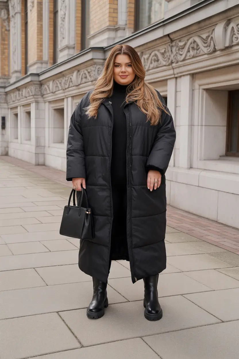 plus size winter outfits cold weather Minimalist Power in Black Puffer