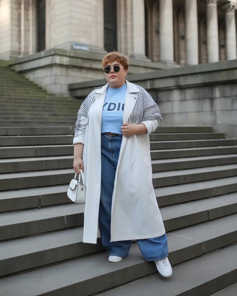 plus size winter outfits cold weather Striped Trench With Denim Ease