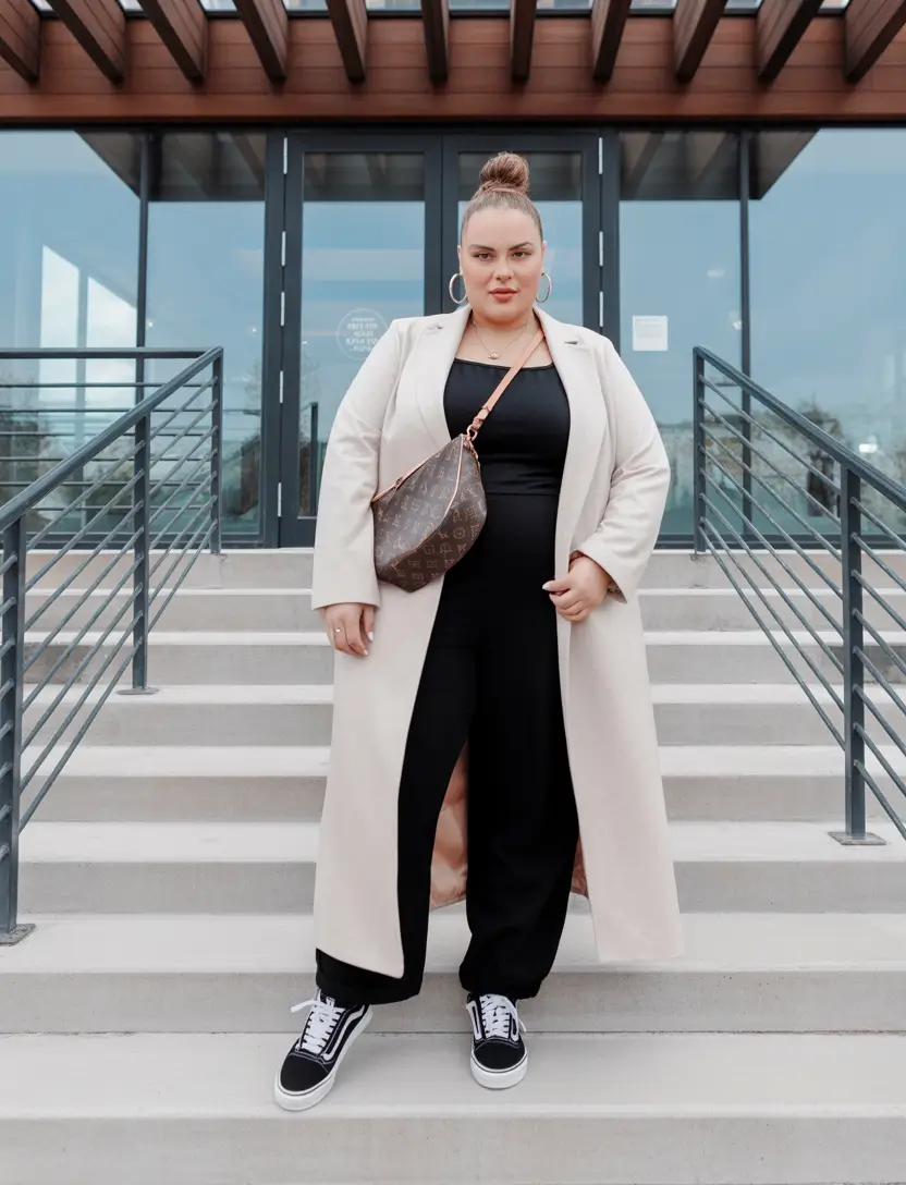 plus size winter outfits cold weather Beige and Black Sharpness