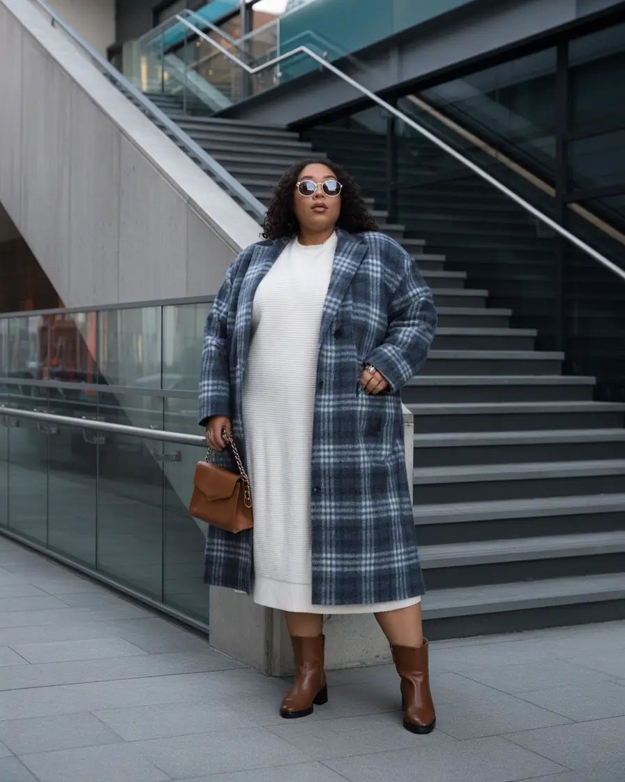 plus size winter outfits cold weather Plaid Coat Over Cream Dress