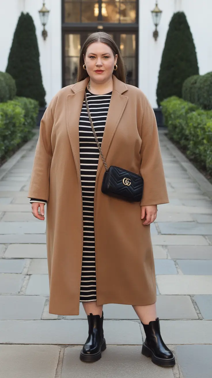 plus size winter outfits cold weather Striped Dress Meets Camel Coat