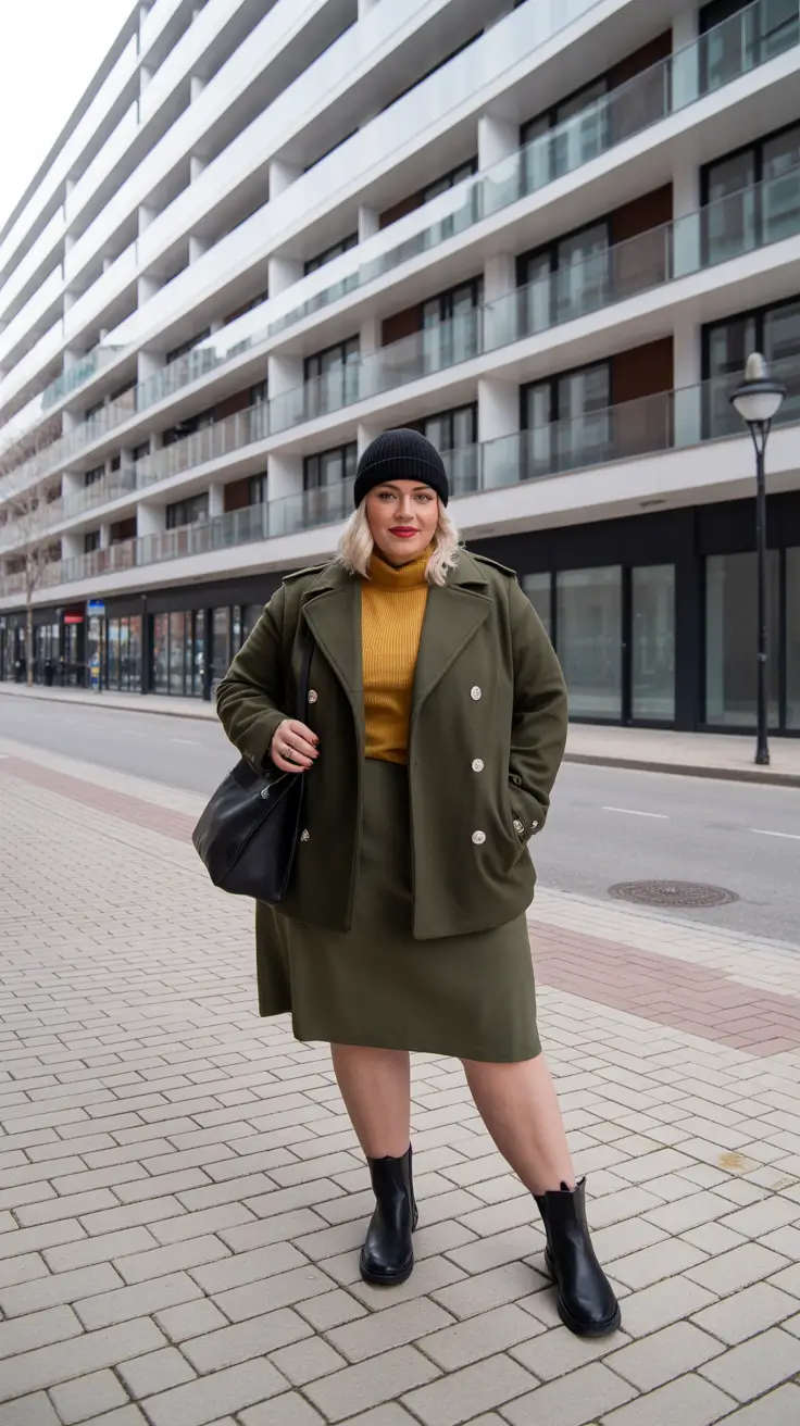 plus size winter outfits cold weather Olive Green With Mustard Glow
