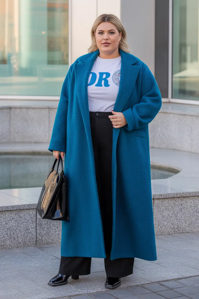 plus size winter outfits cold weather Teal Elegance With Graphic Contrast