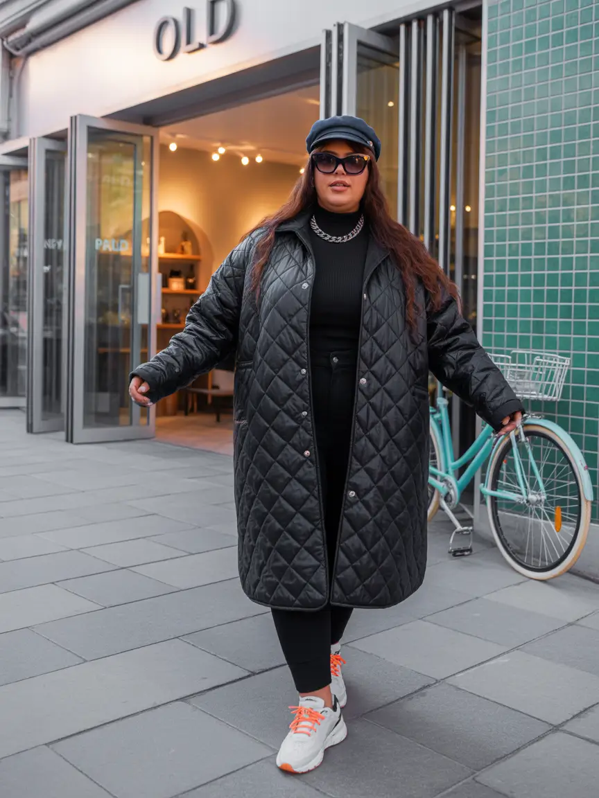 plus size winter outfits cold weather All-Black Quilted Street Style