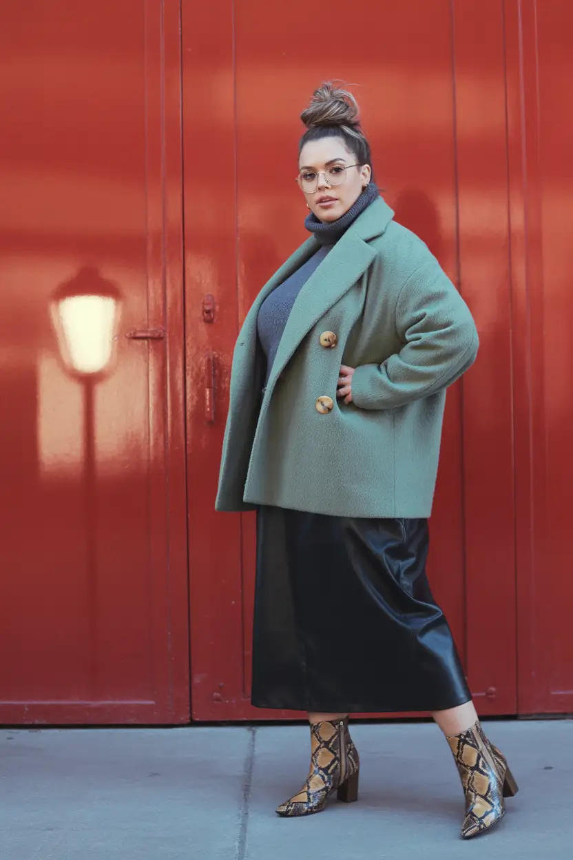 plus size winter outfits cold weather Muted Green and Leather Mix