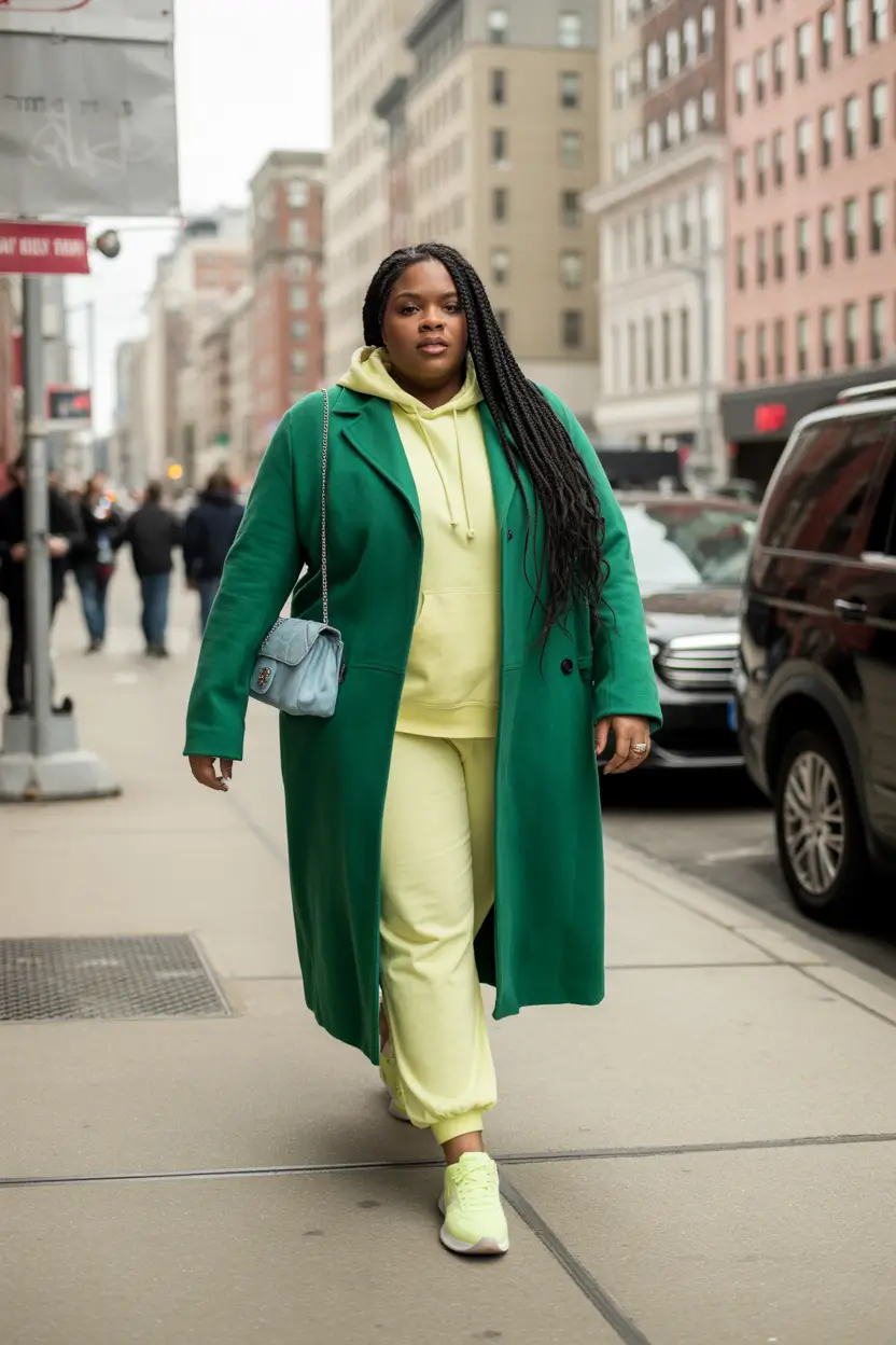 plus size winter outfits cold weather Color Block Comfort in Green and Yellow