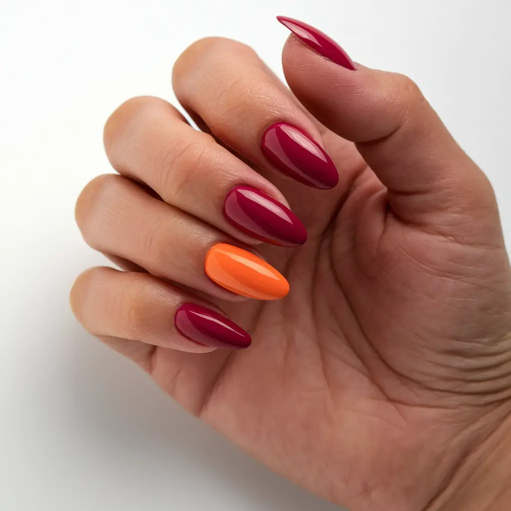red fall nails 2025 Bold Burgundy With a Pop of Citrus