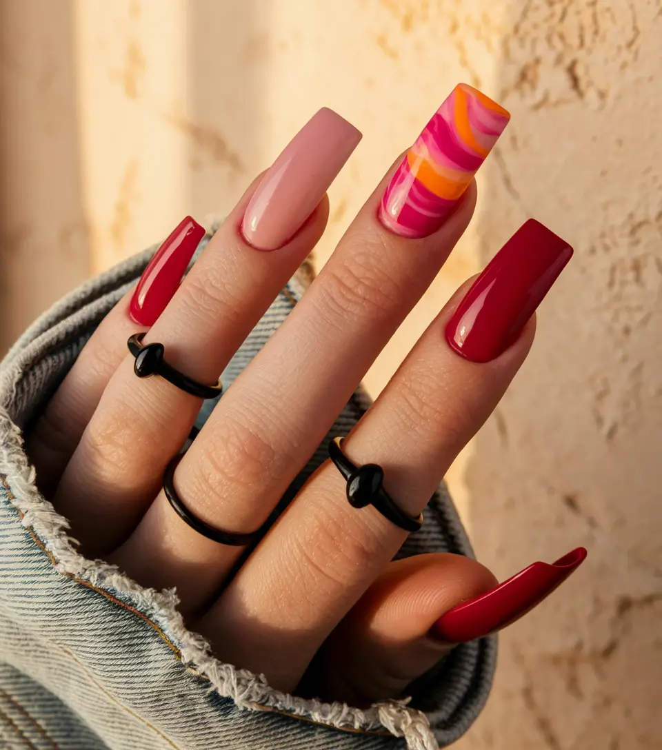 red fall nails 2025 Playful Coffin With Swirls