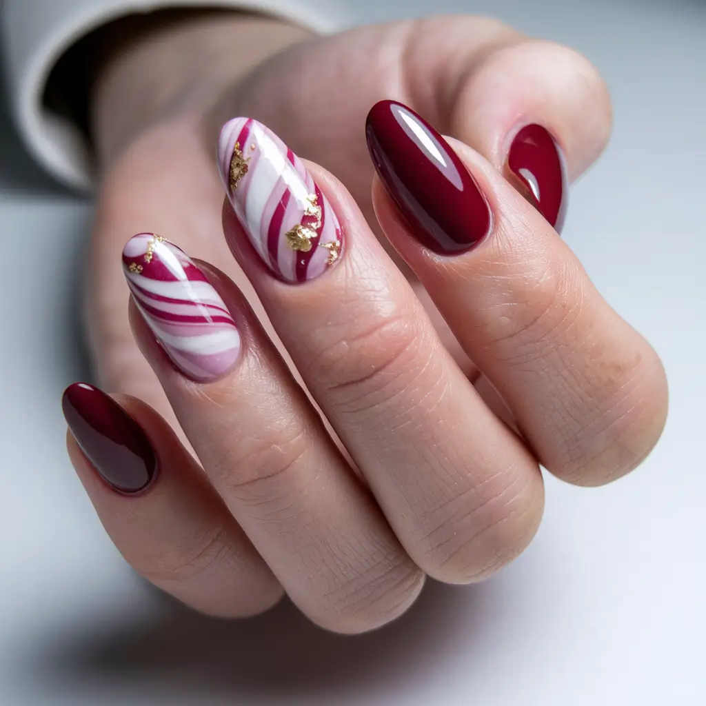 red fall nails 2025 Berry Swirls With Gold Accents