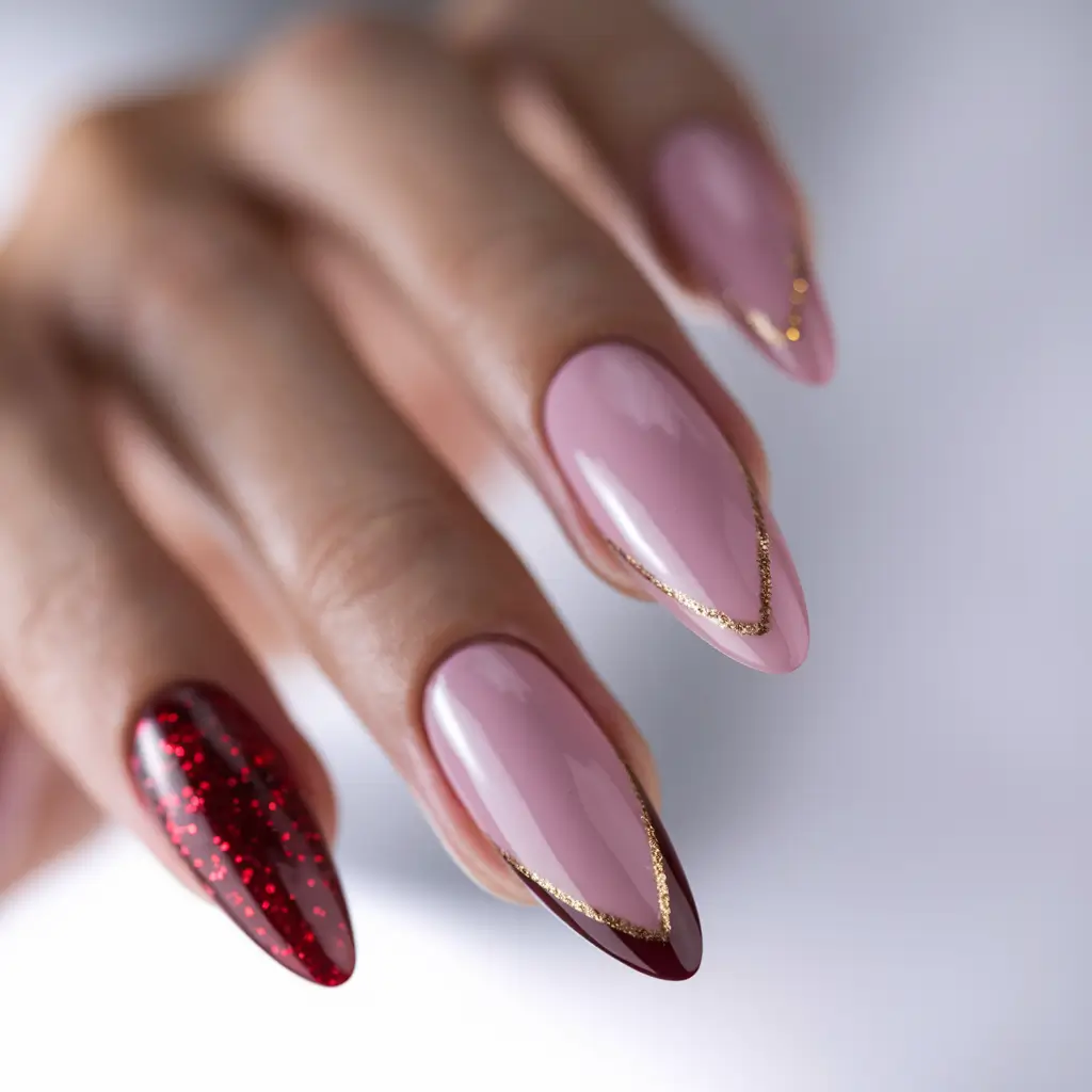 red fall nails 2025 Elegant Glitter-Tipped Almond
