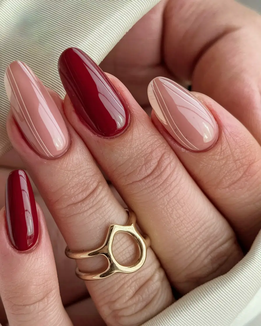 red fall nails 2025 Two-Tone Burgundy and Nude