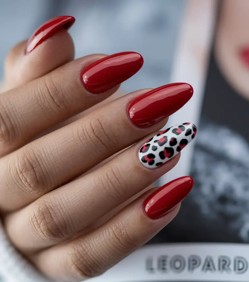 red fall nails 2025 Red With Leopard Accent