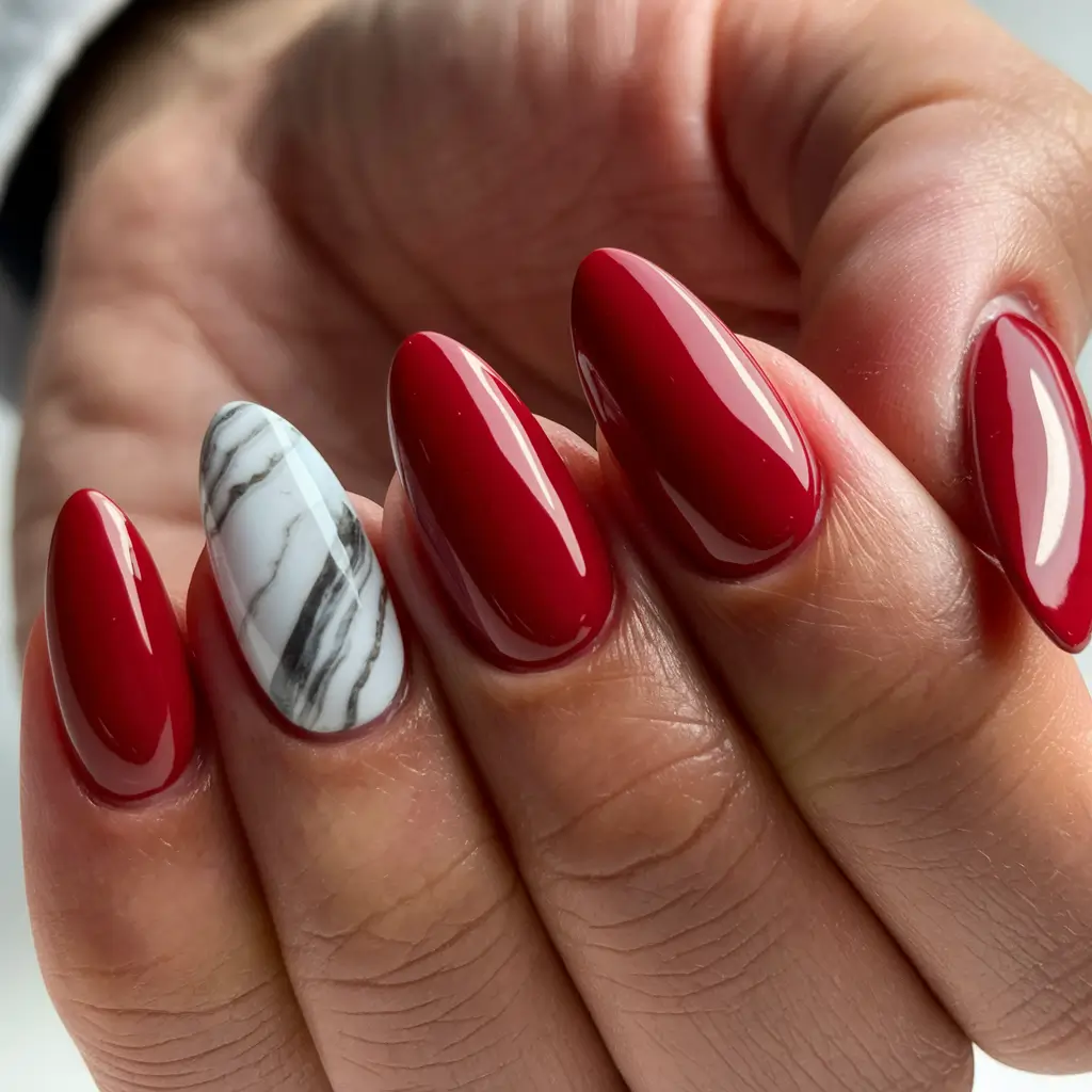 red fall nails 2025 Marble Accent Chic