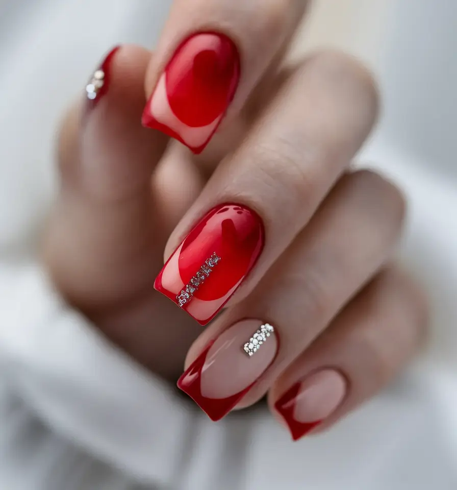 red fall nails 2025 Square Elegance With Rhinestones