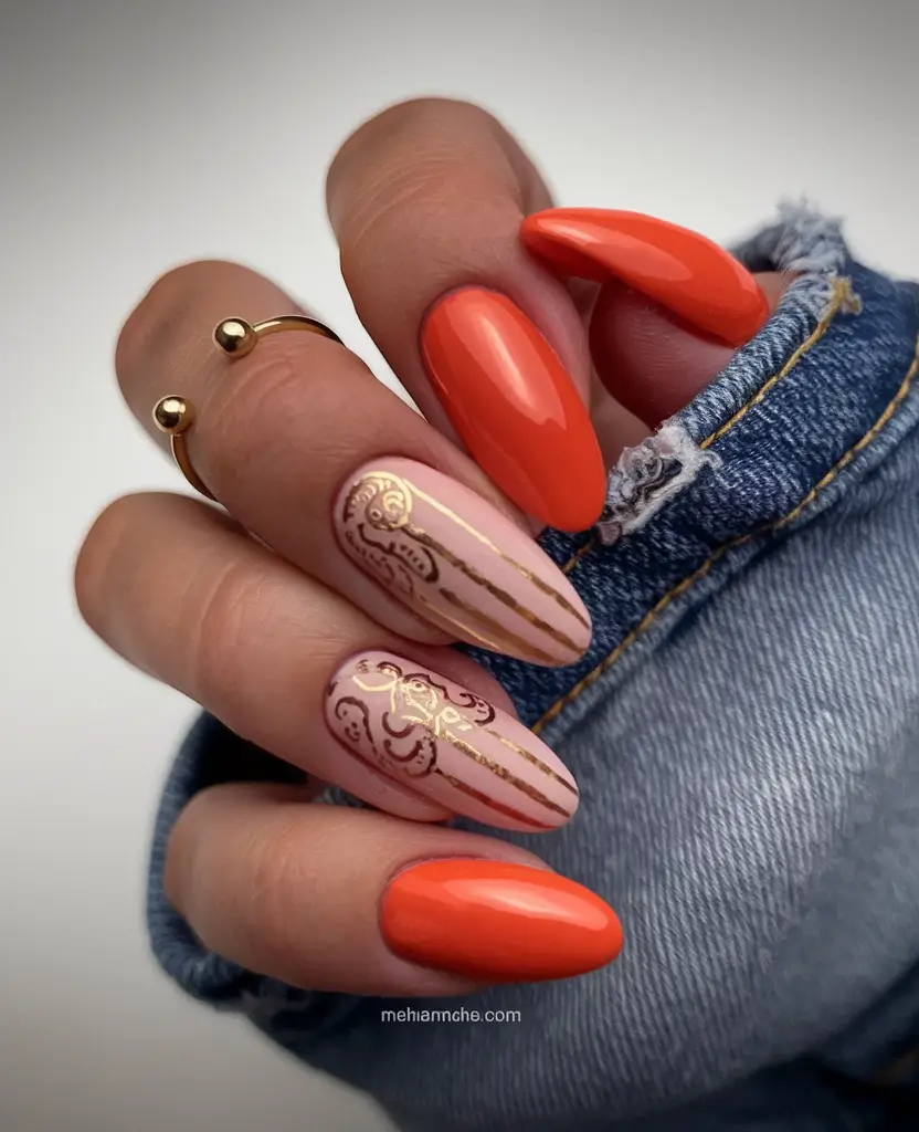 red fall nails 2025 Orange Meets Gold Elegance