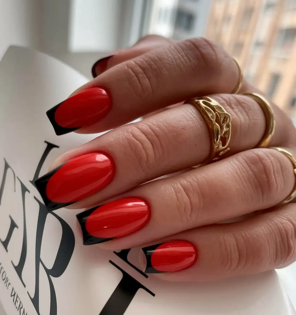red fall nails 2025 Red and Black French Twist