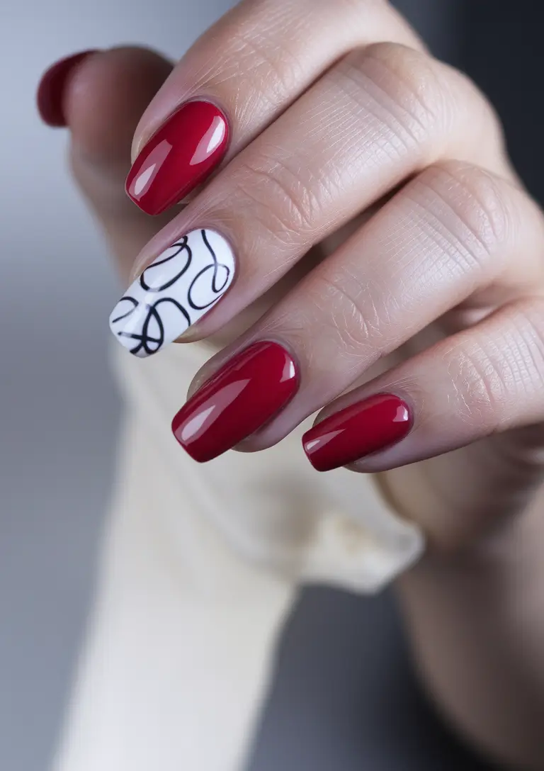 red fall nails 2025 Modern Swirls on a Red Canvas