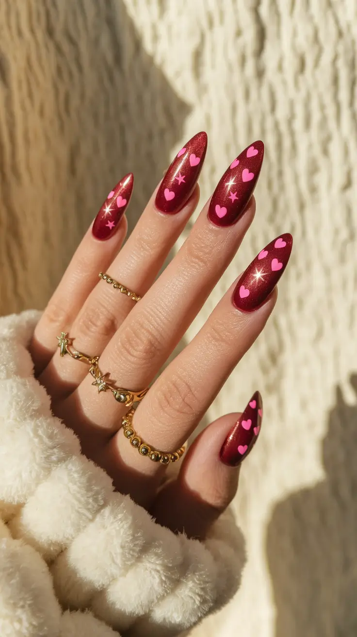 red fall nails 2025 Romantic Burgundy With Hearts