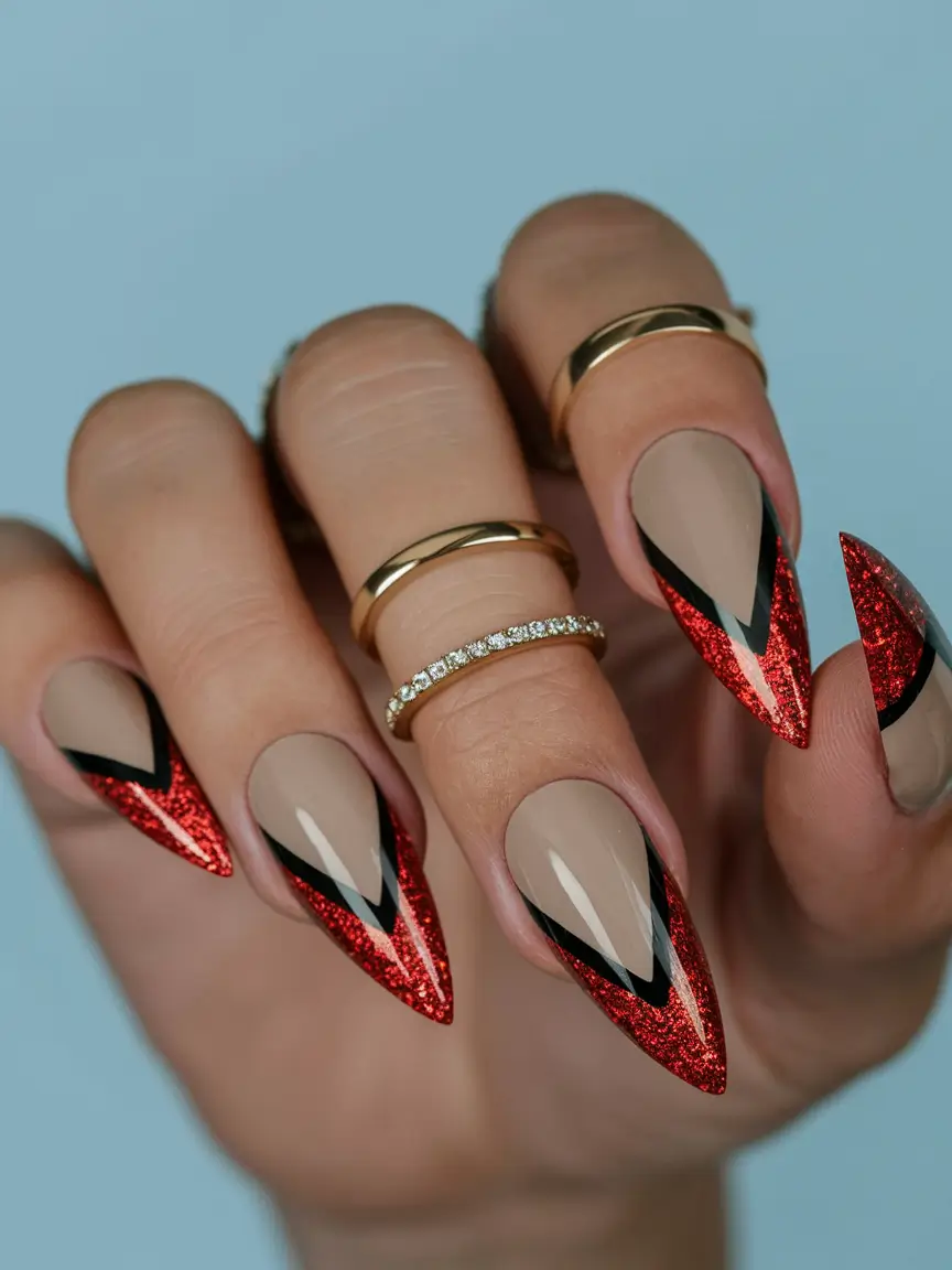 red fall nails 2025 Glitter V-Tips With Edge