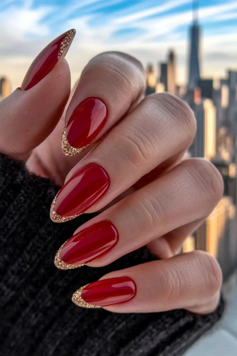 red fall nails 2025 Golden-Tipped Glamour