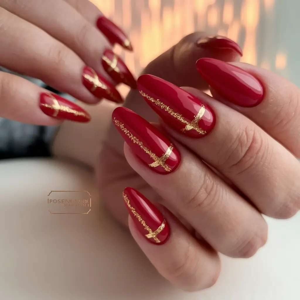 red fall nails 2025 Crossed With Gold