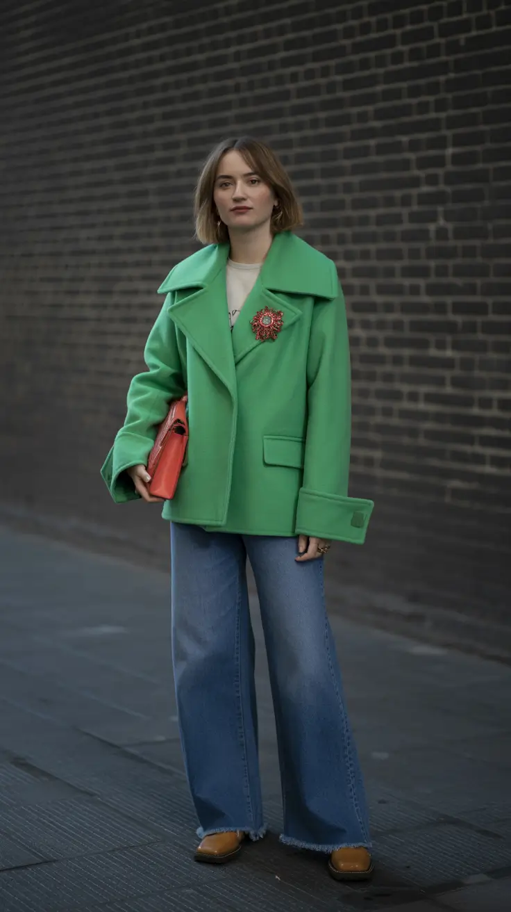 Stylish Winter Outfit Inspo 2025-2026 Green Statement with Denim Ease