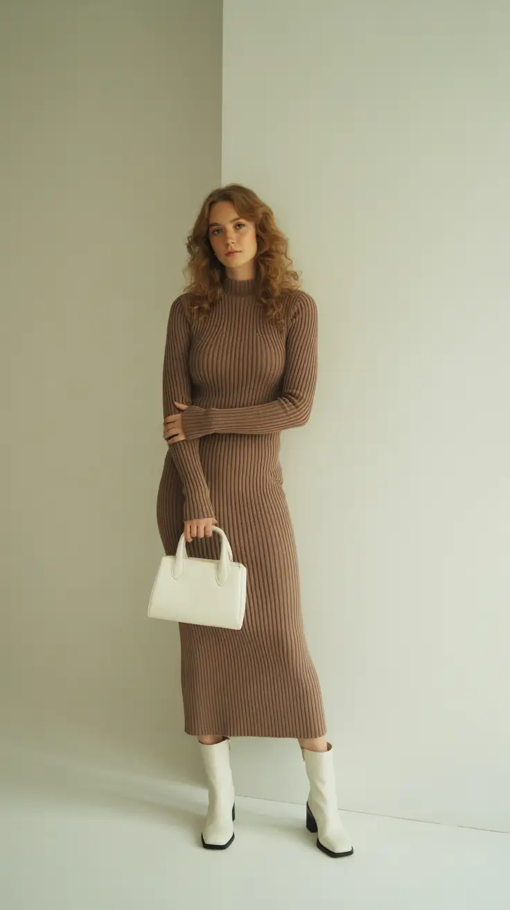 Trendy Birthday Outfit Winter 2025 2026 Neutral Knit Midi with White Boots